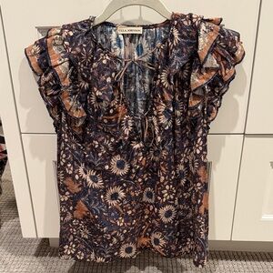Ulla Johnson Floral Ruffle Blouse - Navy and Tan